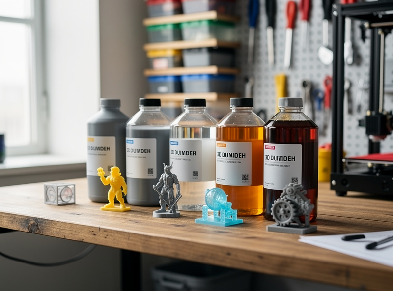 Several bottles of 3D printer resin in different colors beside printed sample parts on a workbench