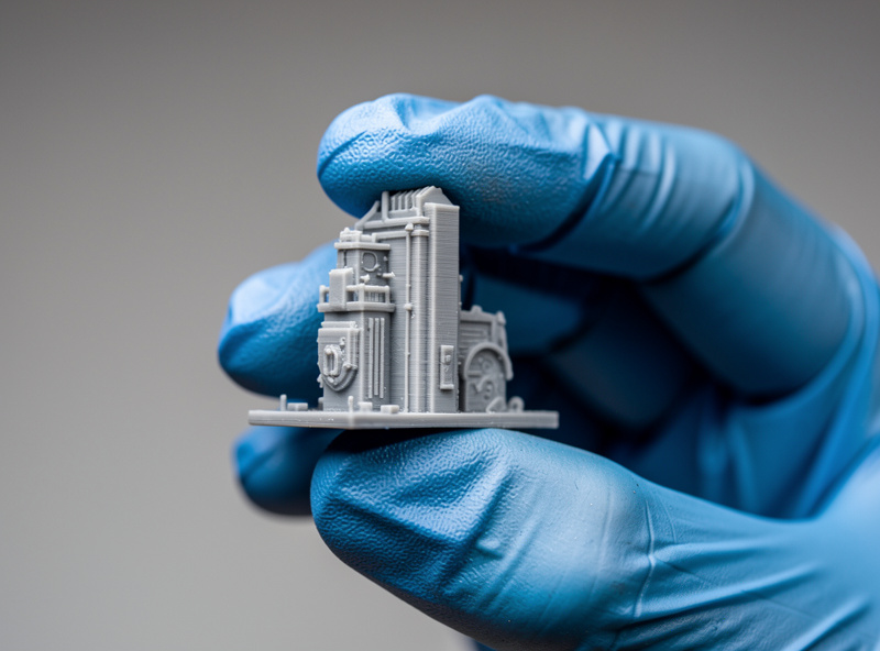 A detailed grey resin print held in a gloved hand showing fine surface detail