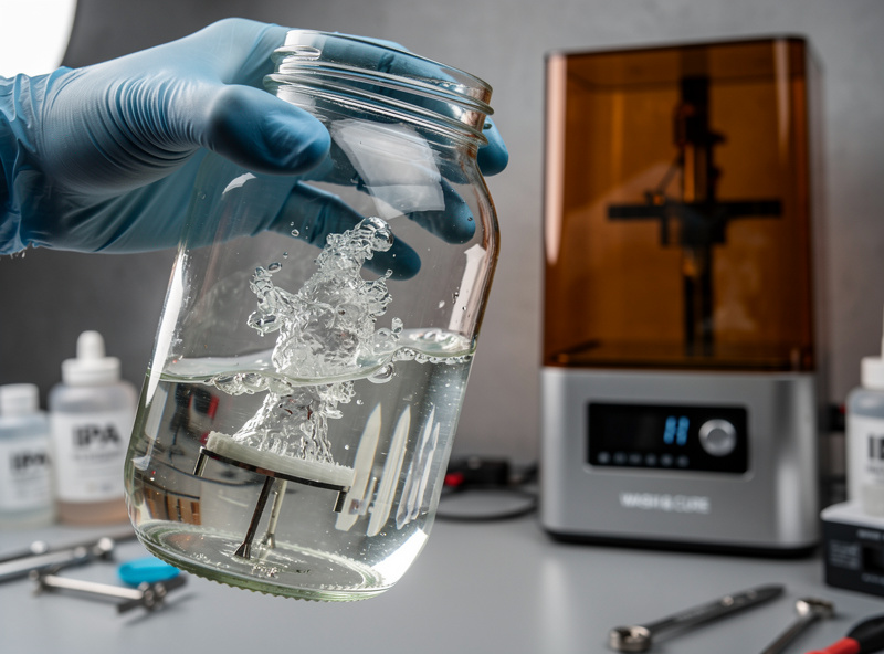 A resin print being agitated in a jar of isopropyl alcohol next to a wash and cure station