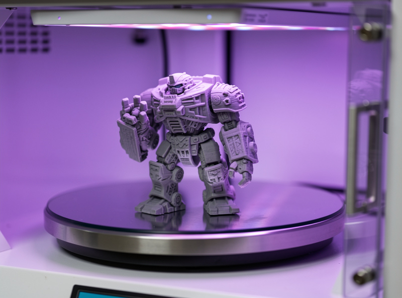 A resin model on a turntable inside a UV curing chamber with violet light