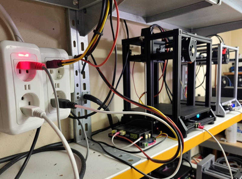 Power strips and cables powering several 3D printers on a workshop shelf