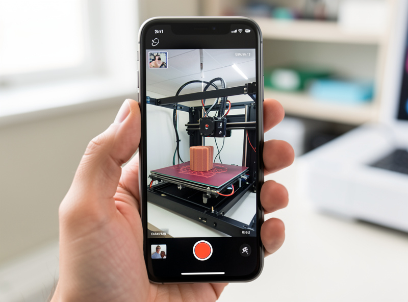 A smartphone showing a live camera feed of a 3D printer for remote farm monitoring