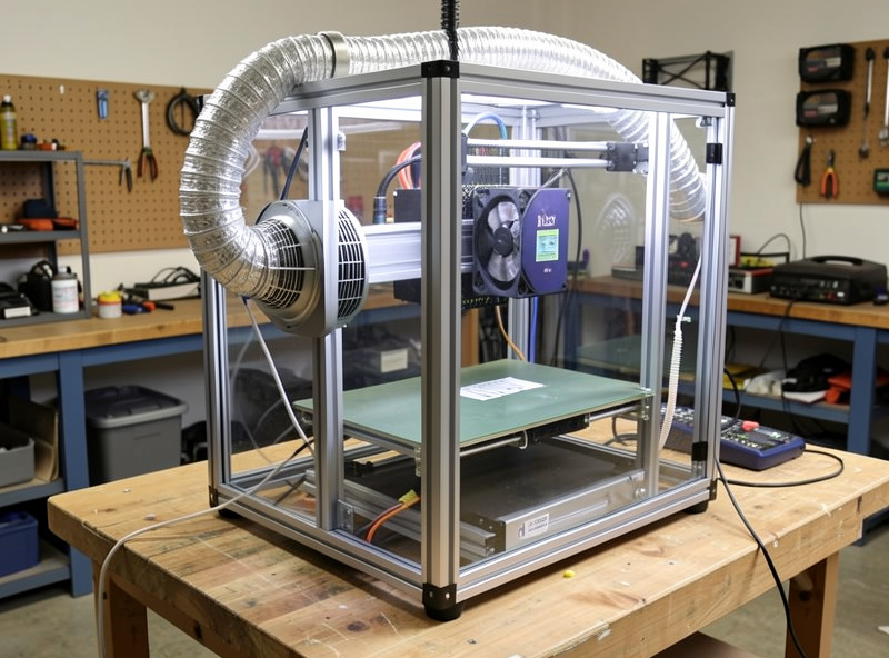 A ducted exhaust fan and ventilation tubing on an enclosed 3D printer