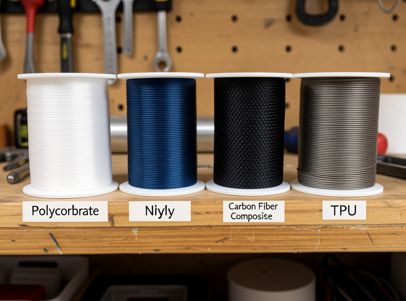 Spools of polycarbonate, nylon, carbon fiber, and TPU filament on a workshop shelf