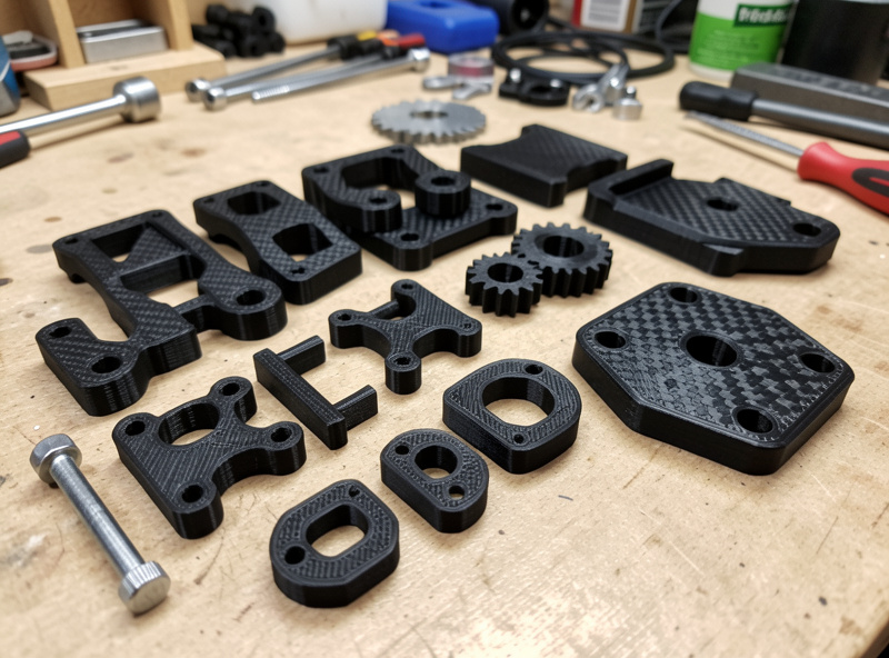 Functional 3D printed parts in nylon and carbon fiber arranged on a workshop bench