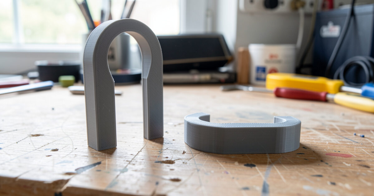 Two identical 3D printed hooks, one upright and one flat, showing print orientation