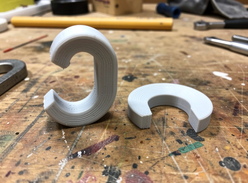 Two identical 3D printed hooks, one printed upright and one printed lying flat, showing orientation difference