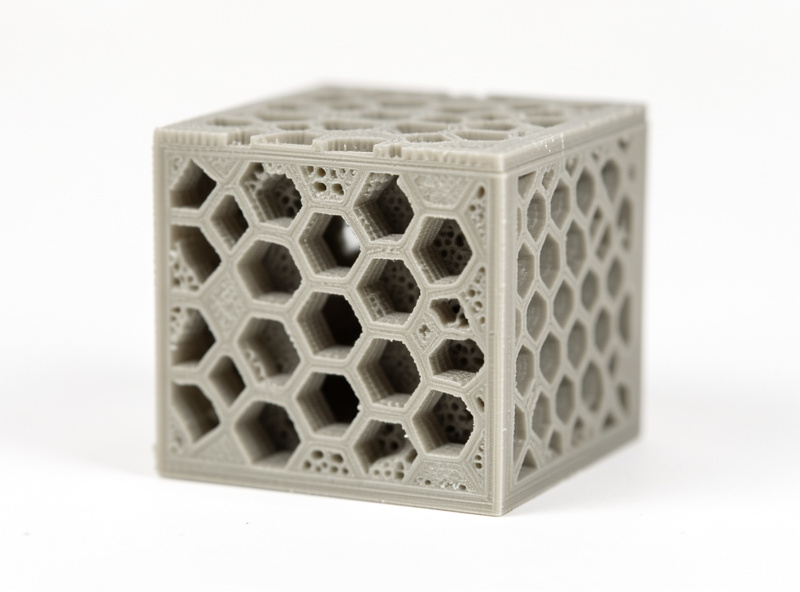 Cross-sections of 3D printed test cubes showing gyroid and honeycomb infill patterns