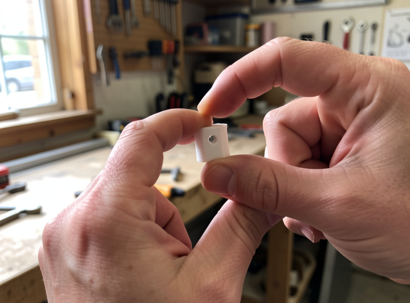A small 3D printed test coupon being flexed by hand to check layer adhesion strength