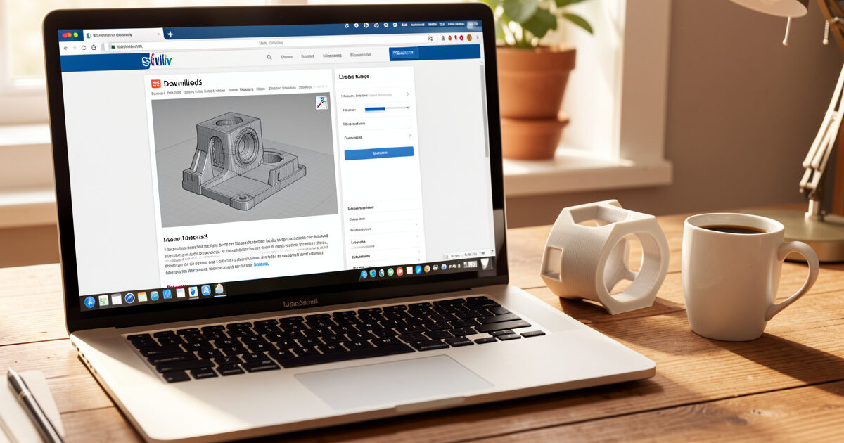 A laptop showing a 3D model download page with its licence terms beside a printed part