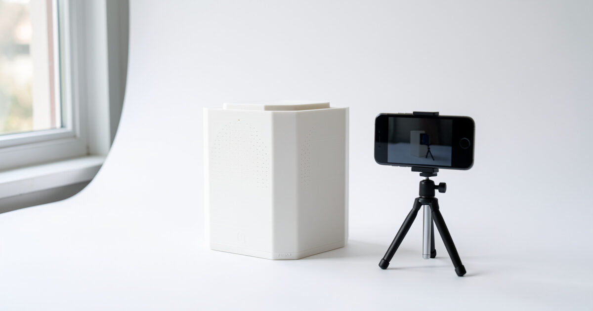 A 3D-printed product photographed on a clean white sweep near a window with a phone on a tripod