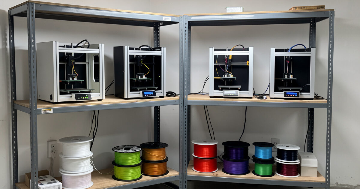 A small home 3D print farm of four desktop printers on steel shelving in a workshop